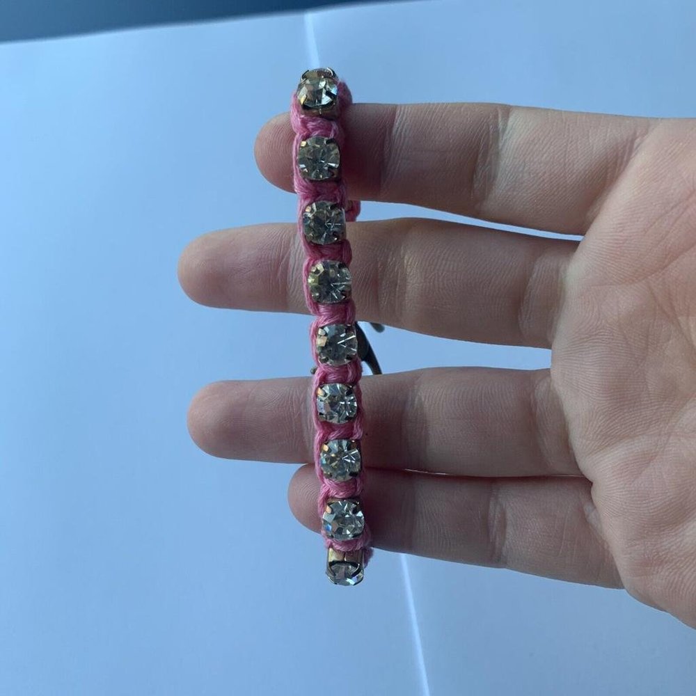 Signed Sara Braided Pink Costume Jewelry Bracelet With Rhinestones